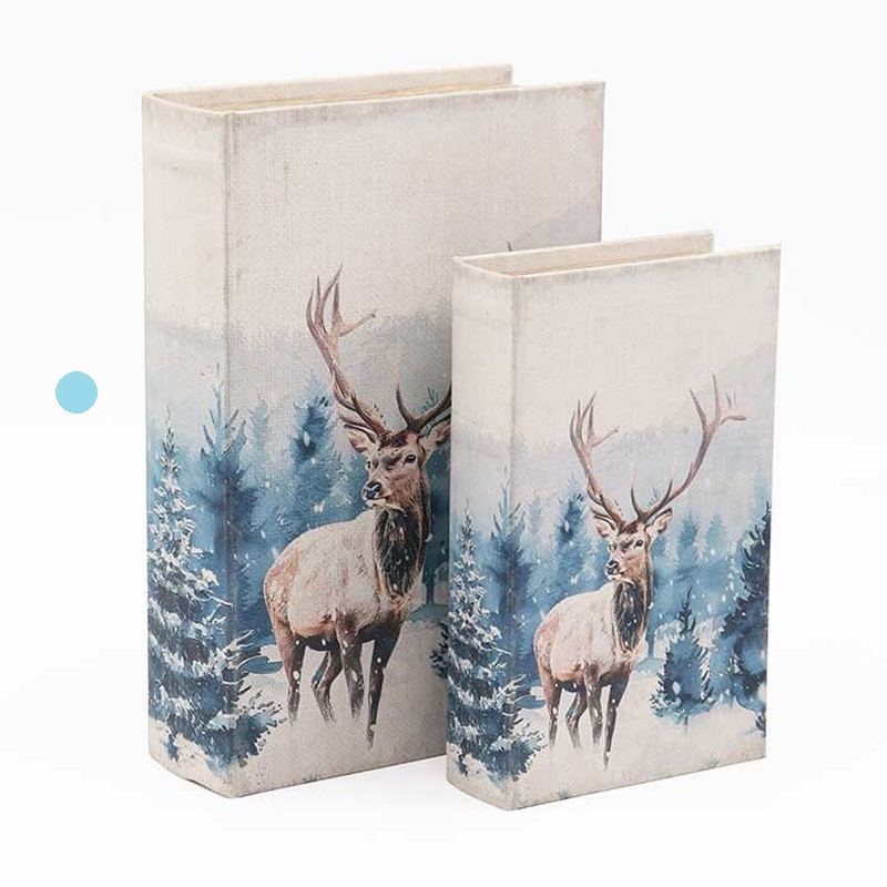 Scatola libro decorata con cervo nel bosco innevato con interno vellutato e chiusura magnetica, perfetta come idea regalo autunnale